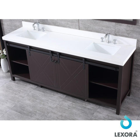 Image of Marsyas 84" Brown Double Vanity | White Quartz Top | White Square Sinks and 34" Mirrors