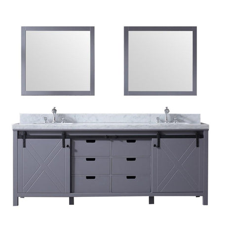 Image of Marsyas 84" Dark Grey Double Vanity | White Carrara Marble Top | White Square Sinks and 34" Mirrors