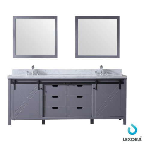 Image of Marsyas 84" Dark Grey Double Vanity | White Carrara Marble Top | White Square Sinks and 34" Mirrors