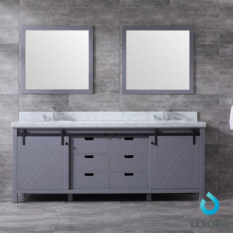 Image of Marsyas 84" Dark Grey Double Vanity | White Carrara Marble Top | White Square Sinks and 34" Mirrors