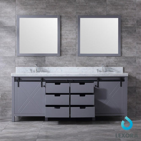 Image of Marsyas 84" Dark Grey Double Vanity | White Carrara Marble Top | White Square Sinks and 34" Mirrors
