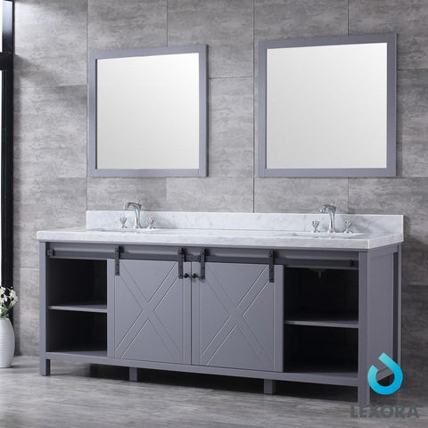 Image of Marsyas 84" Dark Grey Double Vanity | White Carrara Marble Top | White Square Sinks and 34" Mirrors