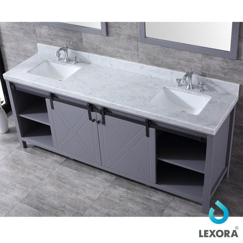 Image of Marsyas 84" Dark Grey Double Vanity | White Carrara Marble Top | White Square Sinks and 34" Mirrors