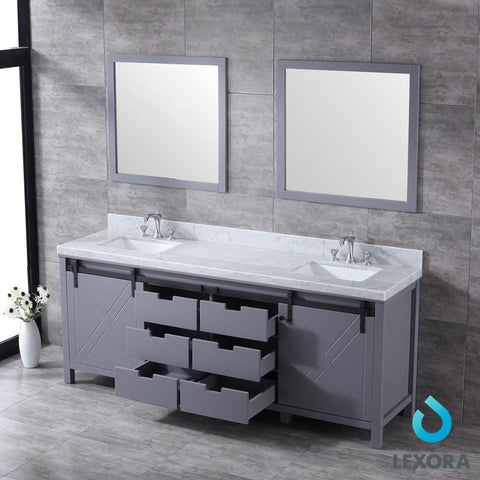 Image of Marsyas 84" Dark Grey Double Vanity | White Carrara Marble Top | White Square Sinks and 34" Mirrors