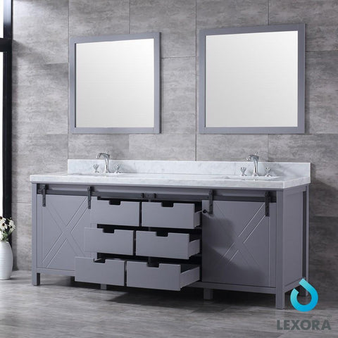 Image of Marsyas 84" Dark Grey Double Vanity | White Carrara Marble Top | White Square Sinks and 34" Mirrors