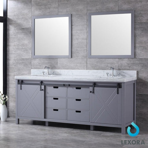 Image of Marsyas 84" Dark Grey Double Vanity | White Carrara Marble Top | White Square Sinks and 34" Mirrors