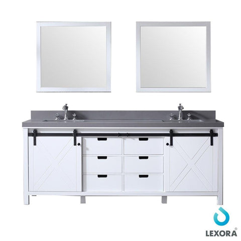 Image of Marsyas 84" White Double Vanity | Grey Quartz Top | White Square Sinks and 34" Mirrors