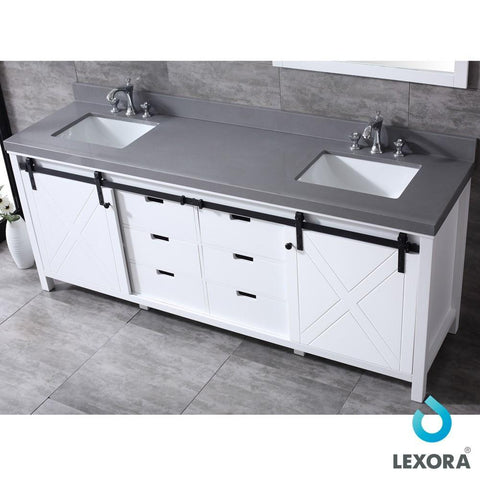 Image of Marsyas 84" White Double Vanity | Grey Quartz Top | White Square Sinks and 34" Mirrors