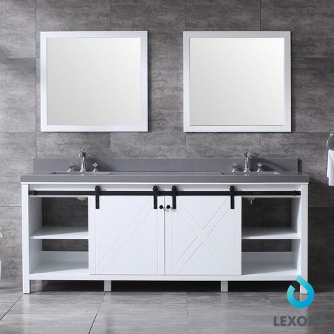 Image of Marsyas 84" White Double Vanity | Grey Quartz Top | White Square Sinks and 34" Mirrors