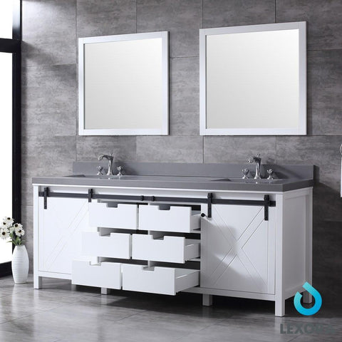 Image of Marsyas 84" White Double Vanity | Grey Quartz Top | White Square Sinks and 34" Mirrors