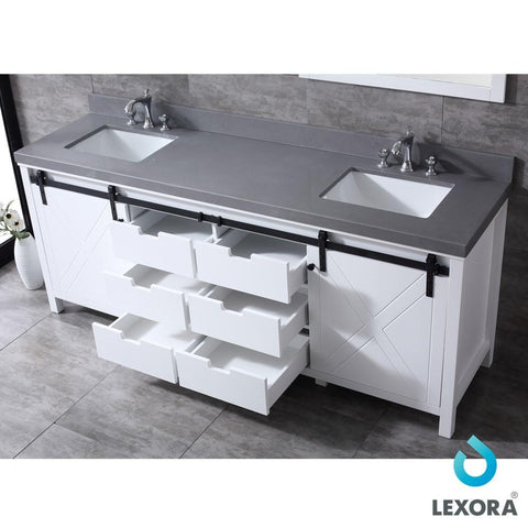 Image of Marsyas 84" White Double Vanity | Grey Quartz Top | White Square Sinks and 34" Mirrors