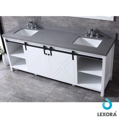 Image of Marsyas 84" White Double Vanity | Grey Quartz Top | White Square Sinks and 34" Mirrors