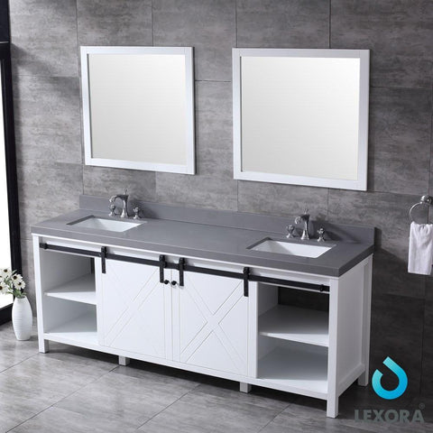 Image of Marsyas 84" White Double Vanity | Grey Quartz Top | White Square Sinks and 34" Mirrors