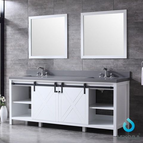 Image of Marsyas 84" White Double Vanity | Grey Quartz Top | White Square Sinks and 34" Mirrors