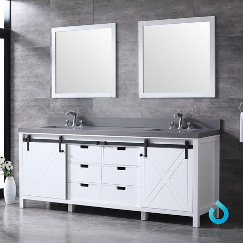 Image of Marsyas 84" White Double Vanity | Grey Quartz Top | White Square Sinks and 34" Mirrors