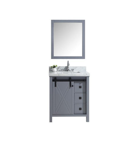 Image of Marsyas Veluti 30" Dark Grey Single Vanity | White Carrara Marble Top | White Square Sink and 28" Mirror