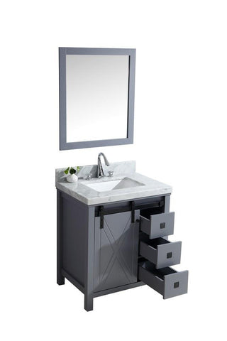 Image of Marsyas Veluti 30" Dark Grey Single Vanity | White Carrara Marble Top | White Square Sink and 28" Mirror