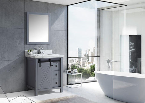 Image of Marsyas Veluti 30" Dark Grey Single Vanity | White Carrara Marble Top | White Square Sink and 28" Mirror