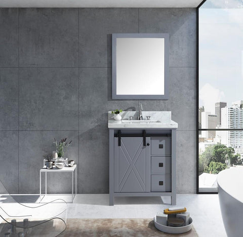 Image of Marsyas Veluti 30" Dark Grey Single Vanity | White Carrara Marble Top | White Square Sink and 28" Mirror