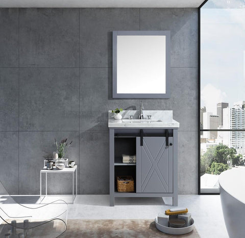 Image of Marsyas Veluti 30" Dark Grey Single Vanity | White Carrara Marble Top | White Square Sink and 28" Mirror