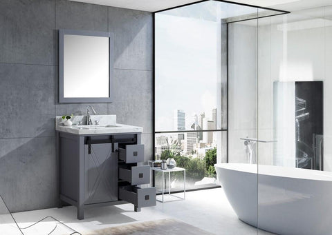 Image of Marsyas Veluti 30" Dark Grey Single Vanity | White Carrara Marble Top | White Square Sink and 28" Mirror