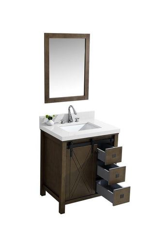 Image of Marsyas Veluti 30" Rustic Brown Single Vanity | White Quartz Top | White Square Sink and 28" Mirror