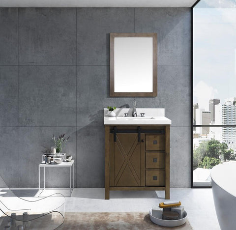 Image of Marsyas Veluti 30" Rustic Brown Single Vanity | White Quartz Top | White Square Sink and 28" Mirror