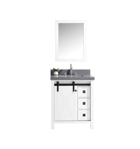 Image of Marsyas Veluti 30" White Single Vanity | Grey Quartz Top | White Square Sink and 28" Mirror