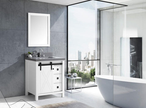 Image of Marsyas Veluti 30" White Single Vanity | Grey Quartz Top | White Square Sink and 28" Mirror