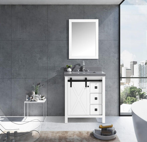 Image of Marsyas Veluti 30" White Single Vanity | Grey Quartz Top | White Square Sink and 28" Mirror