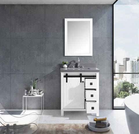 Image of Marsyas Veluti 30" White Single Vanity | Grey Quartz Top | White Square Sink and 28" Mirror