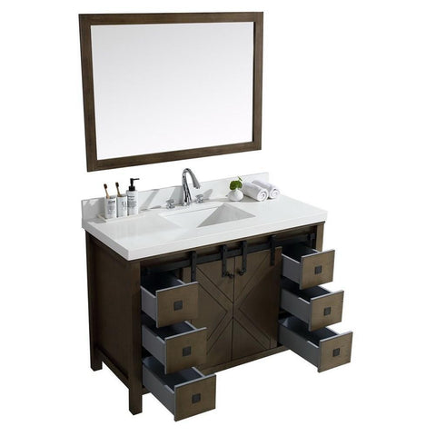 Image of Marsyas Veluti 48" Rustic Brown Single Vanity | White Quartz Top | White Square Sink and 44" Mirror