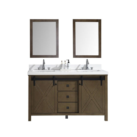Image of Marsyas Veluti 60" Rustic Brown Double Vanity | White Quartz Top | White Square Sinks and 24" Mirrors