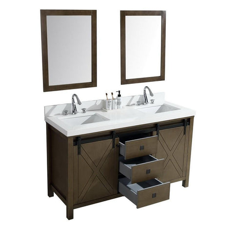 Image of Marsyas Veluti 60" Rustic Brown Double Vanity | White Quartz Top | White Square Sinks and 24" Mirrors