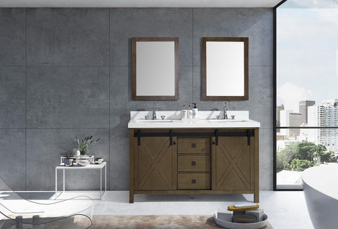Image of Marsyas Veluti 60" Rustic Brown Double Vanity | White Quartz Top | White Square Sinks and 24" Mirrors