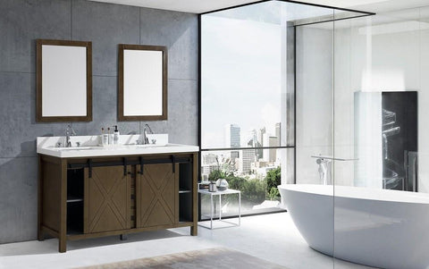 Image of Marsyas Veluti 60" Rustic Brown Double Vanity | White Quartz Top | White Square Sinks and 24" Mirrors