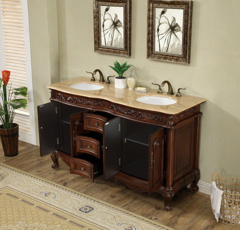 Image of Stufurhome 60 inch Saturn Double Sink Vanity with Travertine Marble Top GM-3323-60-TR