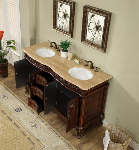 Image of Stufurhome 60 inch Saturn Double Sink Vanity with Travertine Marble Top GM-3323-60-TR