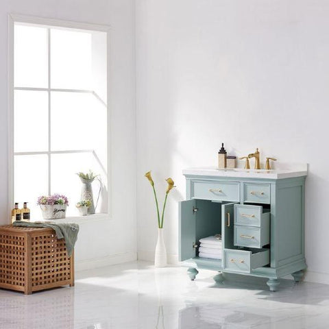 Image of Vinnova Charlotte 36" Transitional Green Vanity with Carrara White Composite Stone