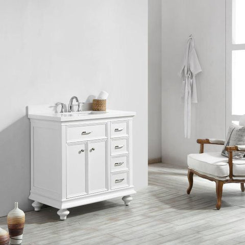 Image of Vinnova Charlotte 36" Transitional White Vanity with Carrara White Composite Stone 735036-WH-CQS-NM