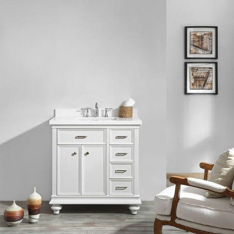 Image of Vinnova Charlotte 36" Transitional White Vanity with Carrara White Composite Stone 735036-WH-CQS-NM