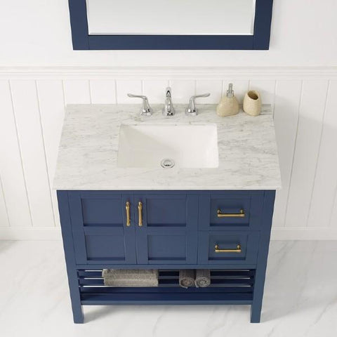 Image of Vinnova Florence 36" Royal Blue Single Sink Vanity Set w/ Carrara White Marble Countertop