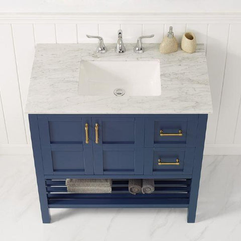 Image of Vinnova Florence 36" Transitional Royal Blue Single Sink Vanity w/ Carrara Marble Countertop