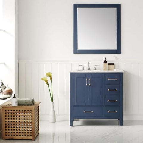 Image of Vinnova Gela 36" Modern Royal Blue Single Sink Vanity Set w/ Carrara Marble Countertop