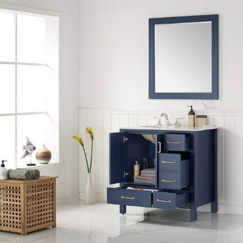 Image of Vinnova Gela 36" Modern Royal Blue Single Sink Vanity Set w/ Carrara Marble Countertop