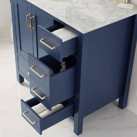 Image of Vinnova Gela 36" Modern Royal Blue Single Sink Vanity Set w/ Carrara Marble Countertop