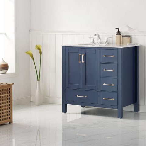 Image of Vinnova Gela 36" Modern Royal Blue Single Sink Vanity w/ Carrara Marble Countertop