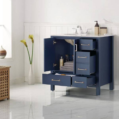 Image of Vinnova Gela 36" Modern Royal Blue Single Sink Vanity w/ Carrara Marble Countertop