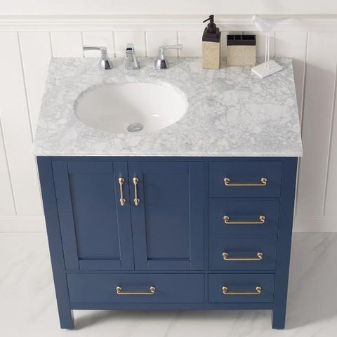 Image of Vinnova Gela 36" Modern Royal Blue Single Sink Vanity w/ Carrara Marble Countertop