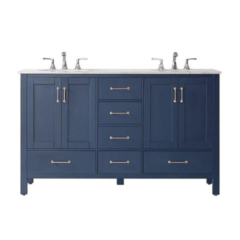 Image of Vinnova Gela 60" Modern Royal Blue Double Sink Vanity w/ Carrara Marble Countertop